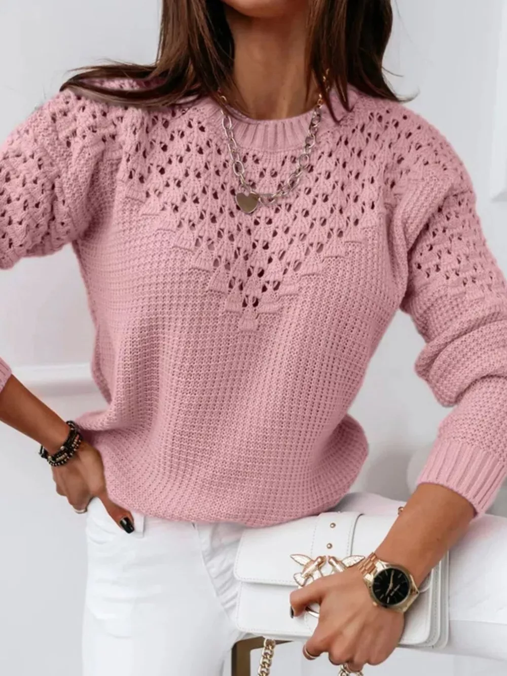 Textured Openwork Round Neck Sweater, image 2