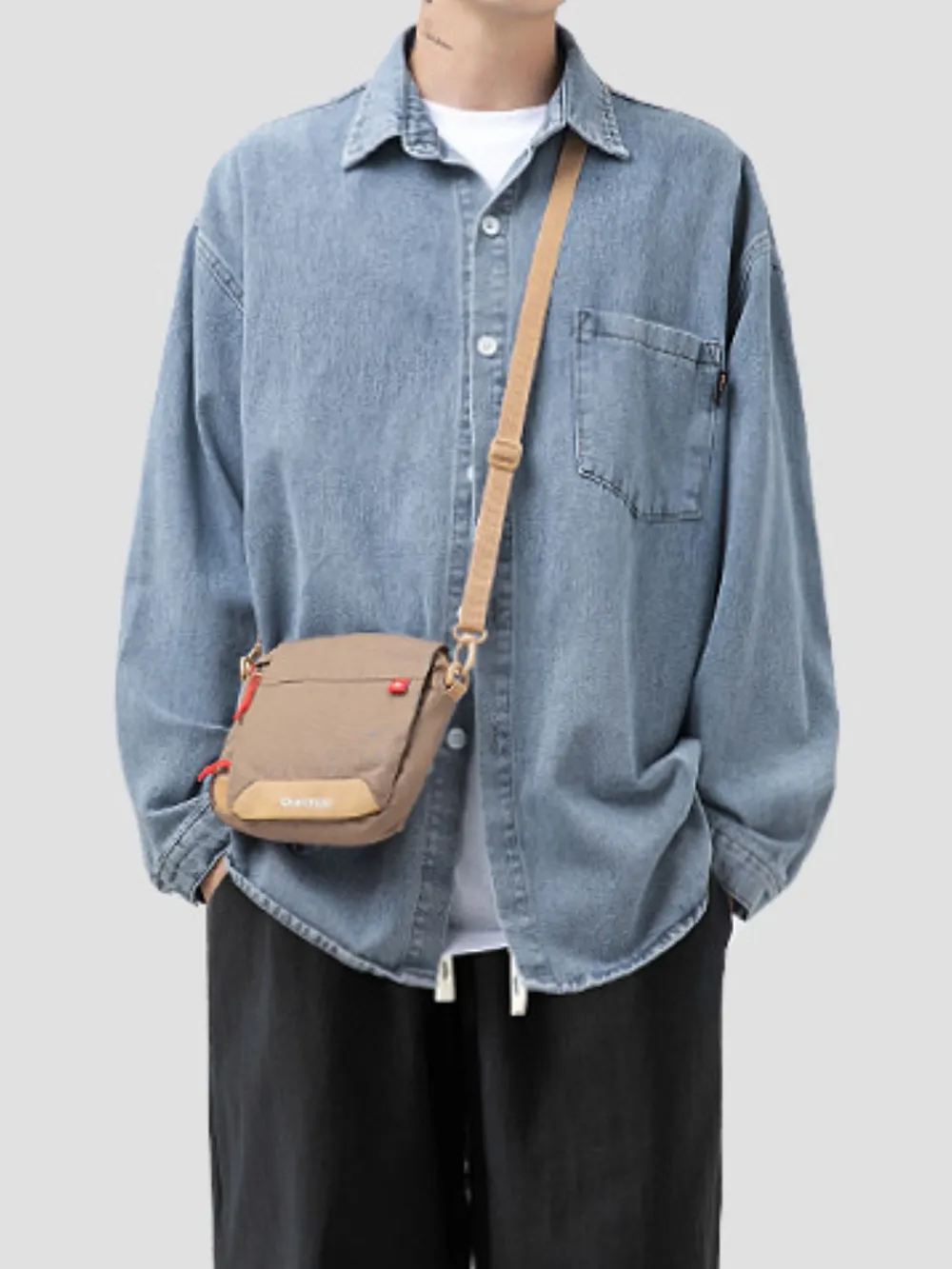 Men's Plus Size Collared Neck Long Sleeve Denim Shirt, image 2