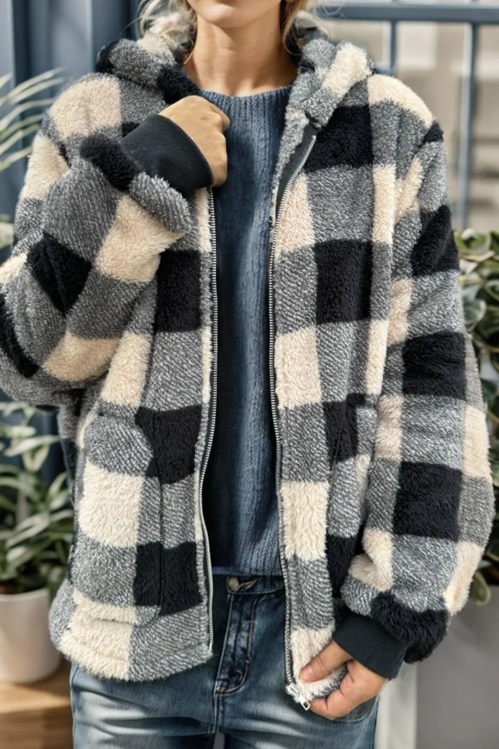 Full Size Plaid Long Sleeve Hooded Coat, image 9