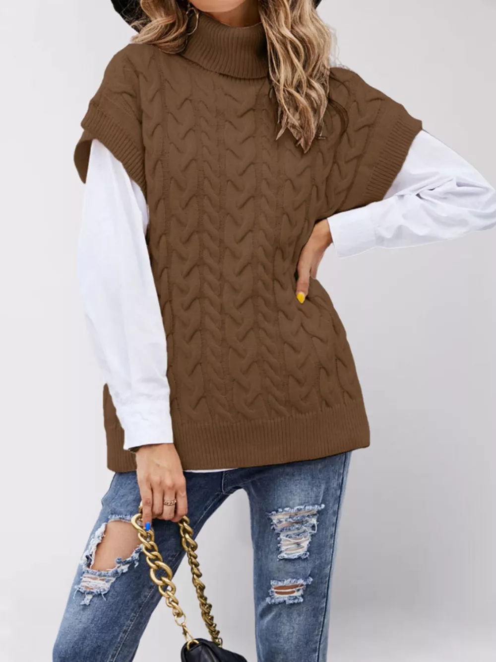 Chunky Knit Turtleneck Cap Sleeve Sweater, image 9