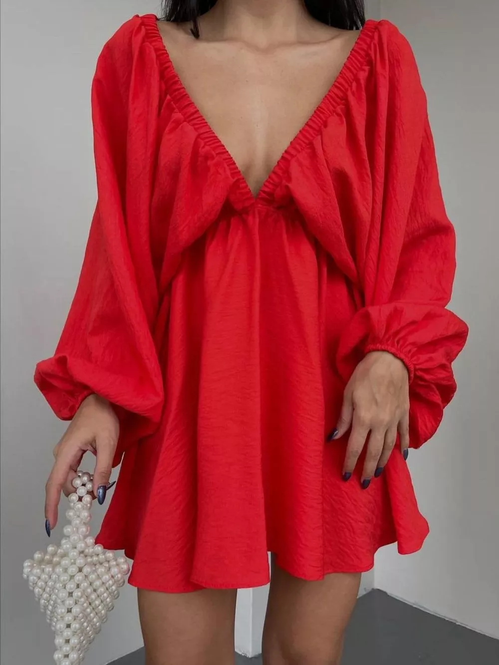 Deep V-Neck Balloon Sleeve Dress, image 3