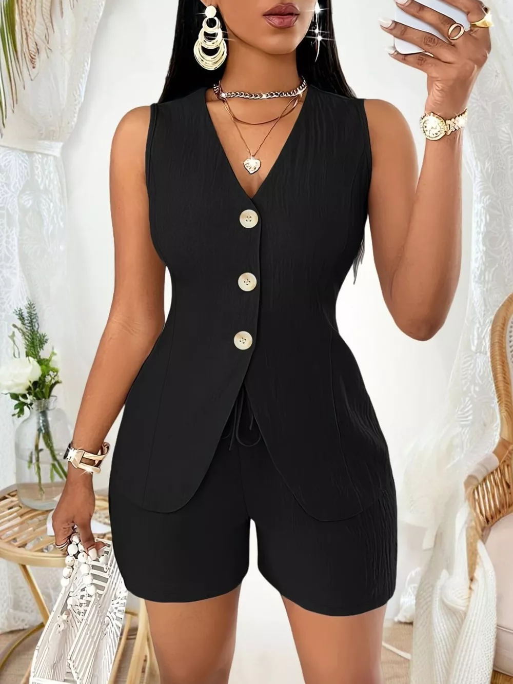 Sleeveless Button-Down Vest & Shorts Set, image 5