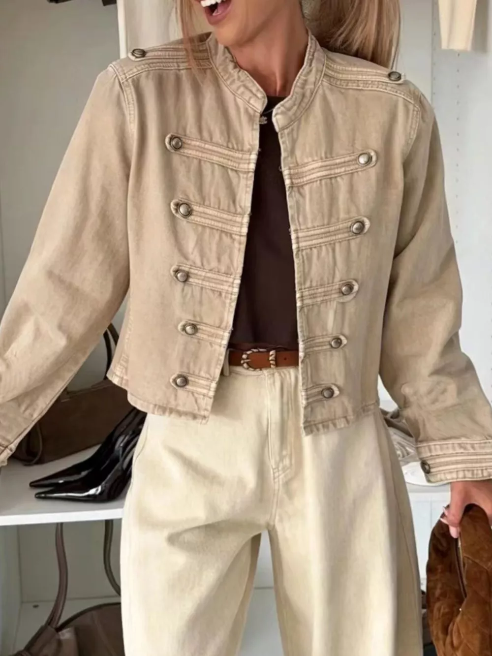 Decorative Button Cropped Denim Jacket, image 6