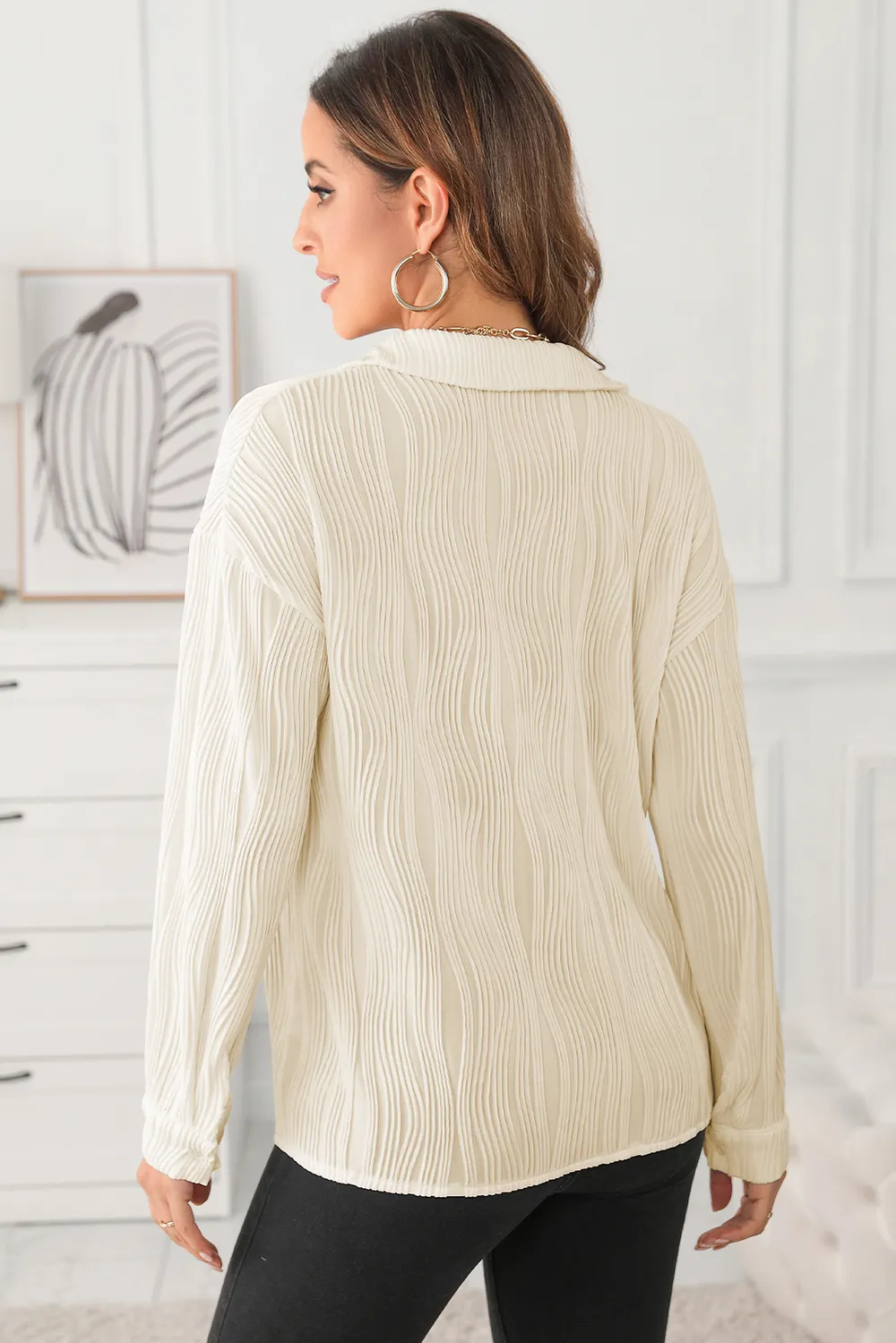 Textured Collared Neck Long Sleeve Shirt, image 4