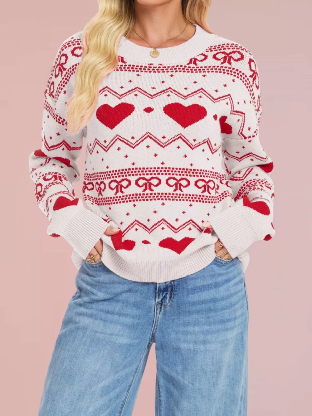 Heart Pattern Dropped Shoulder Sweater, image 8
