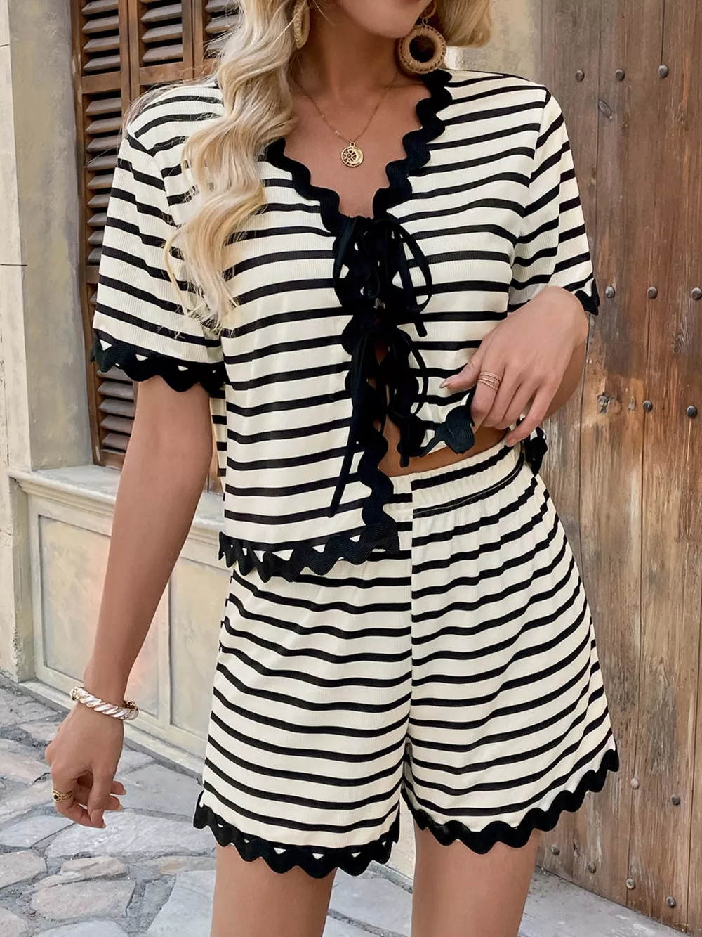 Tied Front Striped Top and Shorts Set