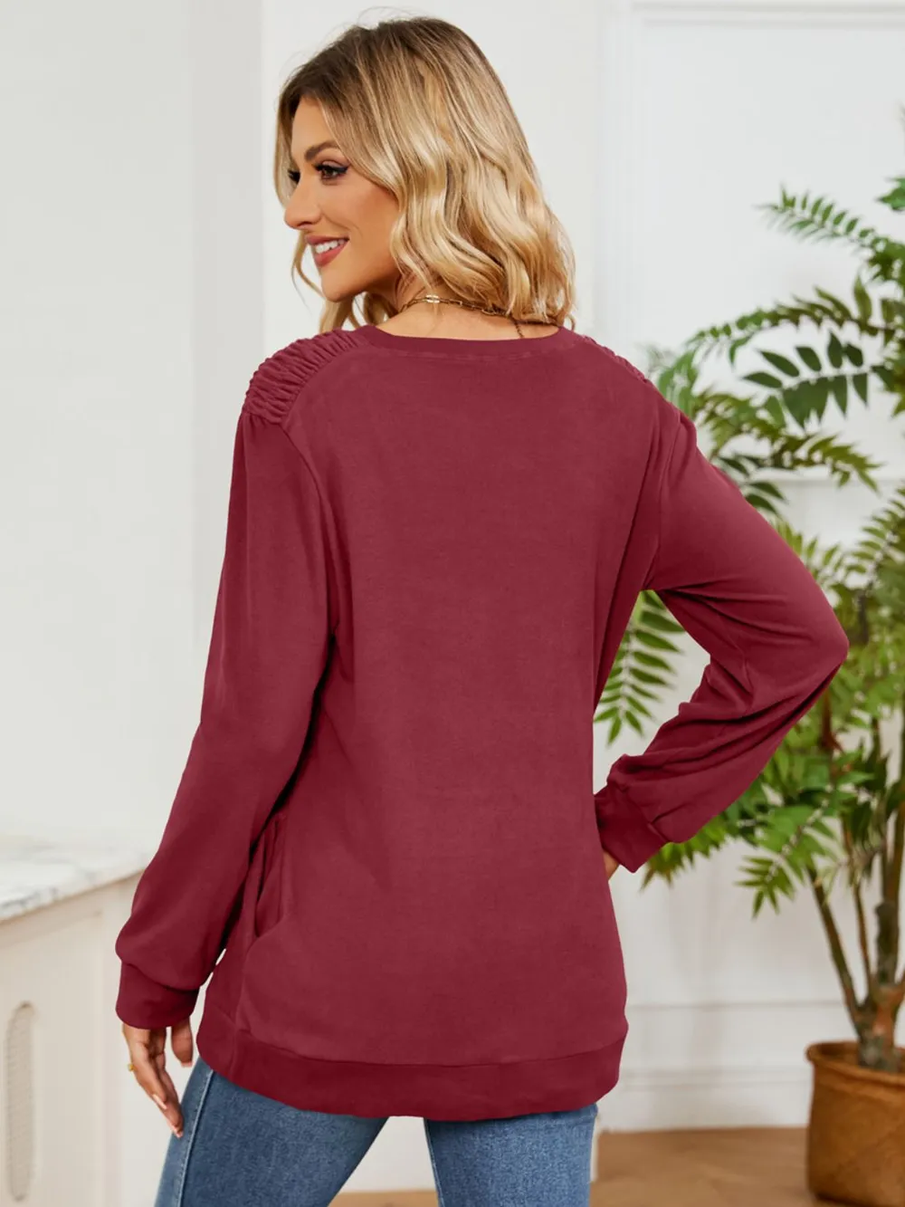 Ruched Shoulder Round Neck Long Sleeve Sweatshirt, image 5