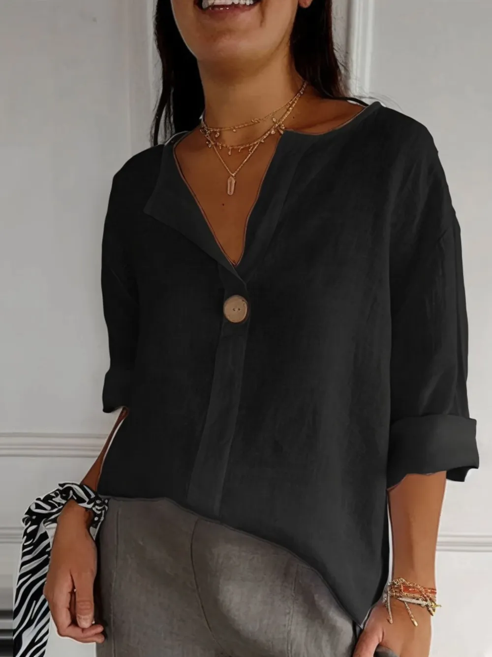 Full Size Linen Blend Notched Blouse Plus Size, image 2