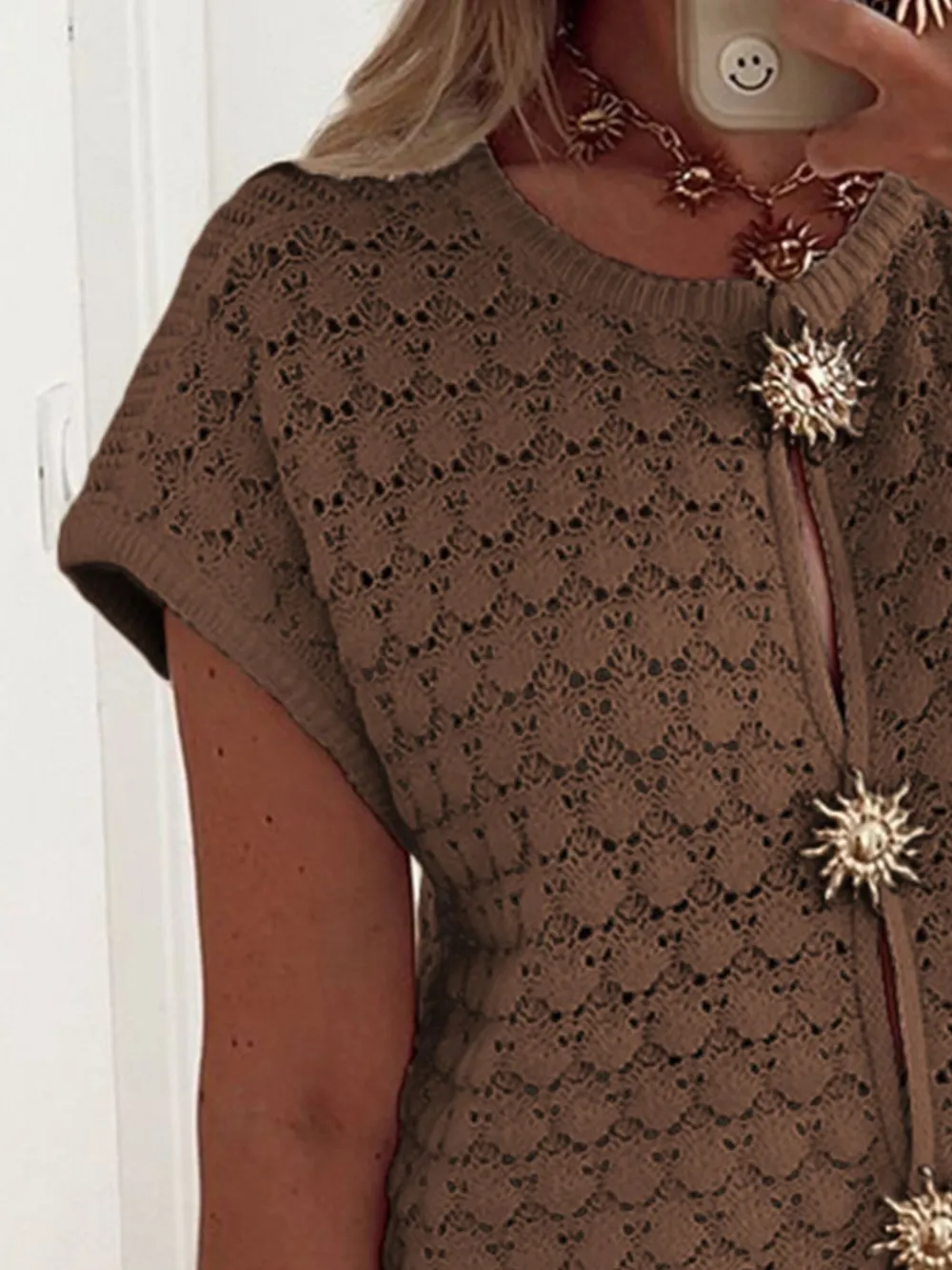 Crochet Short Sleeve Button Front Cardigan, image 9