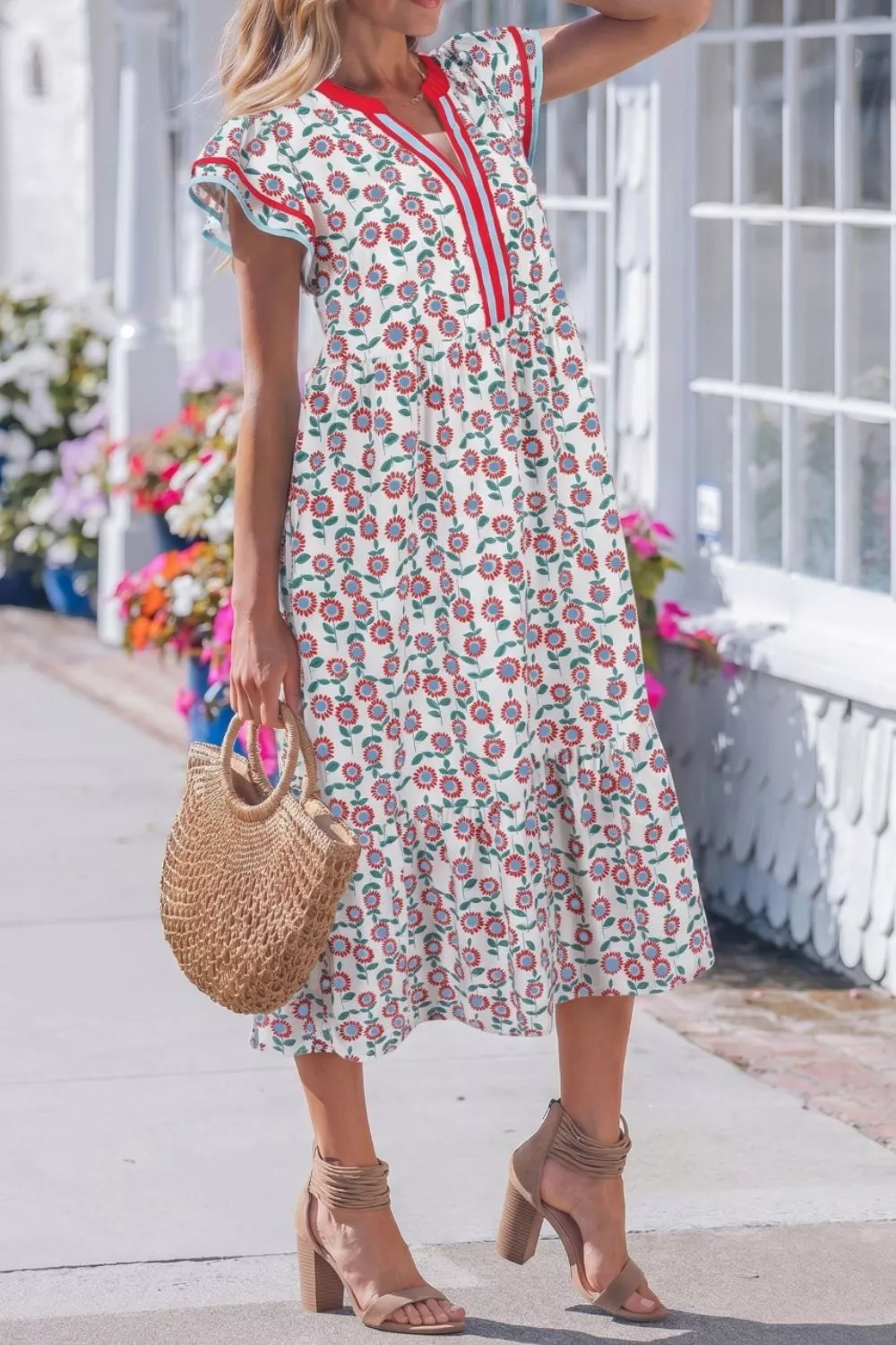 Floral Print Ruffle Sleeve Tiered Midi Dress, image 4