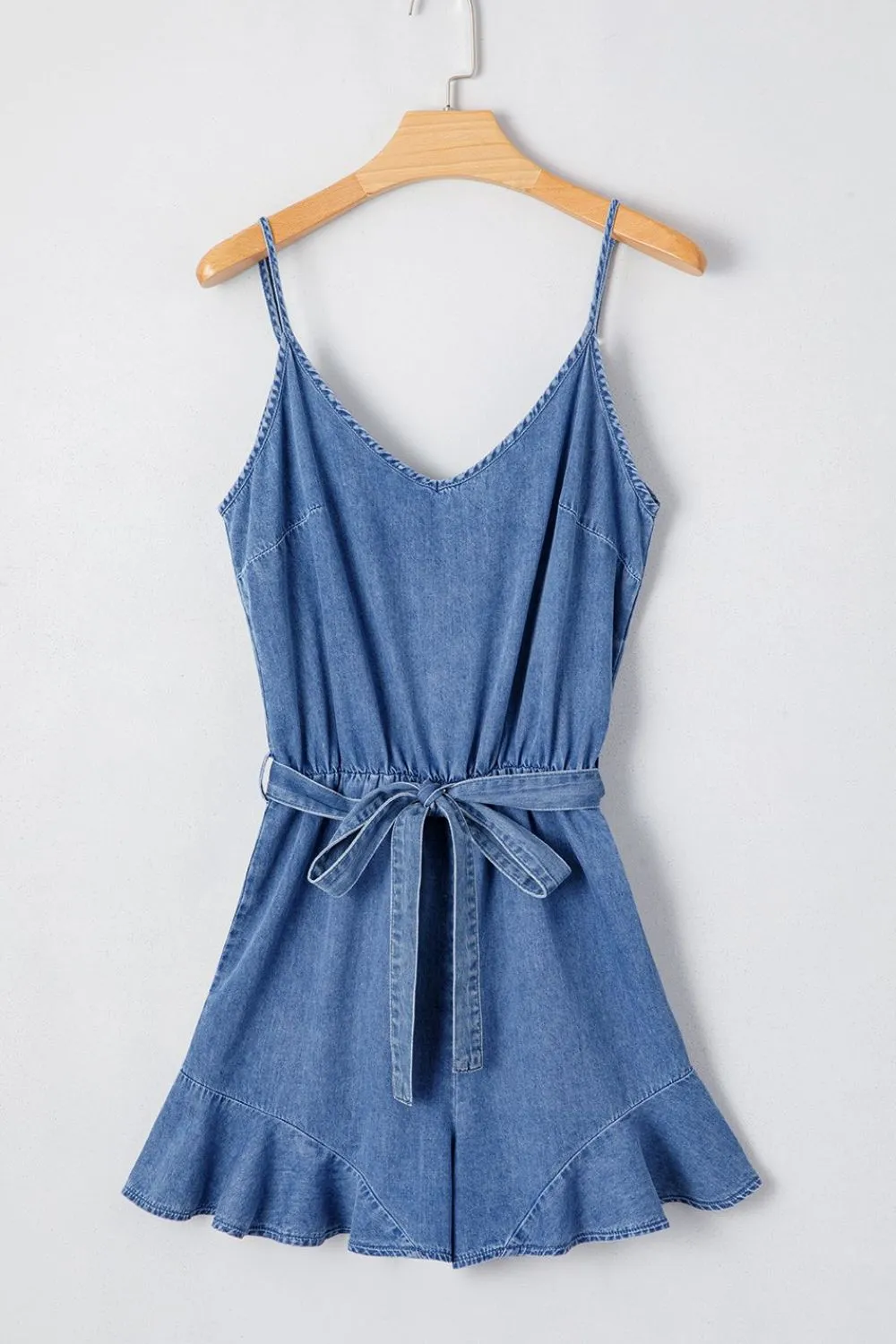 Spaghetti Straps V Neck Belted Ruffled Leg Chambray Romper, image 2