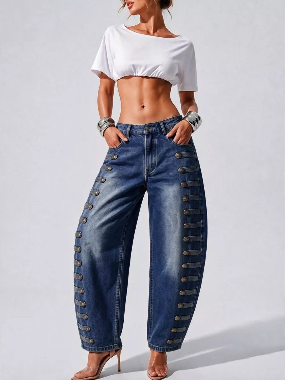 Decorative Button Wide Leg Jeans, image 6