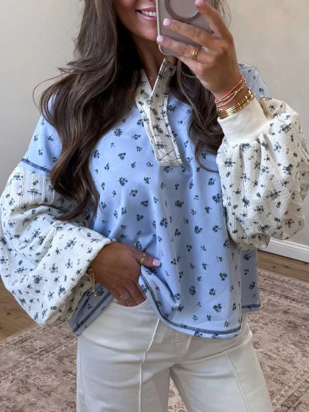 Floral Print Contrast Long Sleeve Tops