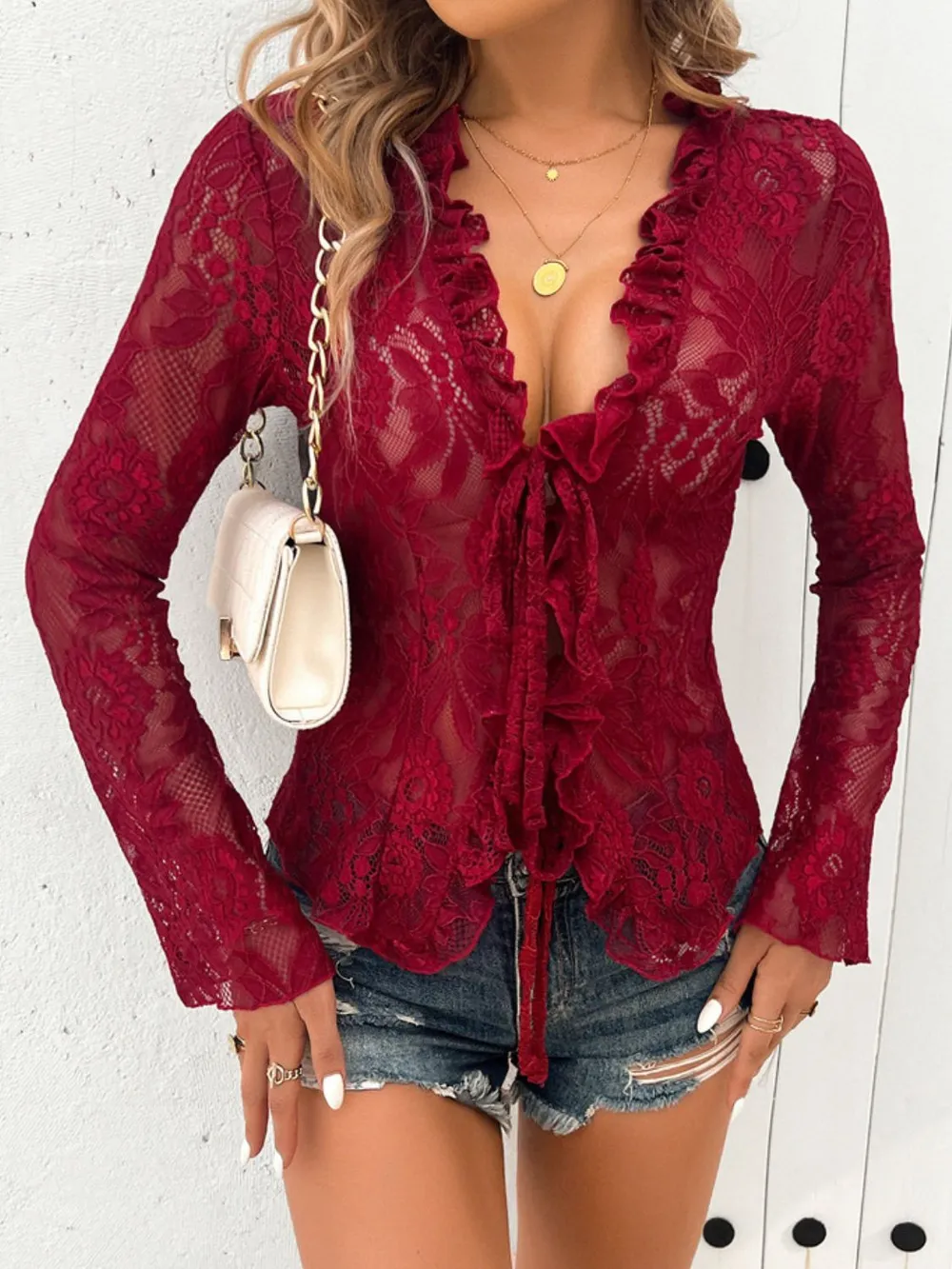 Tied V-Neck Long Sleeve Lace Top, image 3