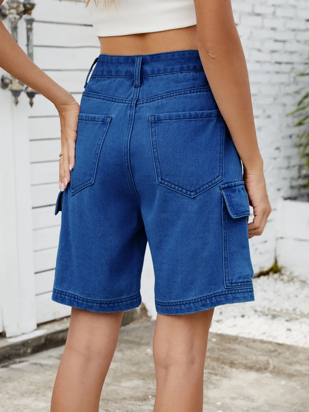 High Waist Denim Shorts with Cargo Pockets, image 2