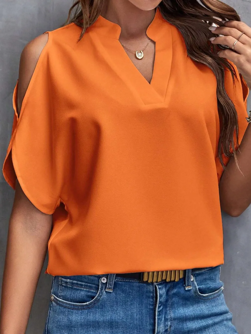 Notched Cold Shoulder Half Sleeve Blouse, image 16