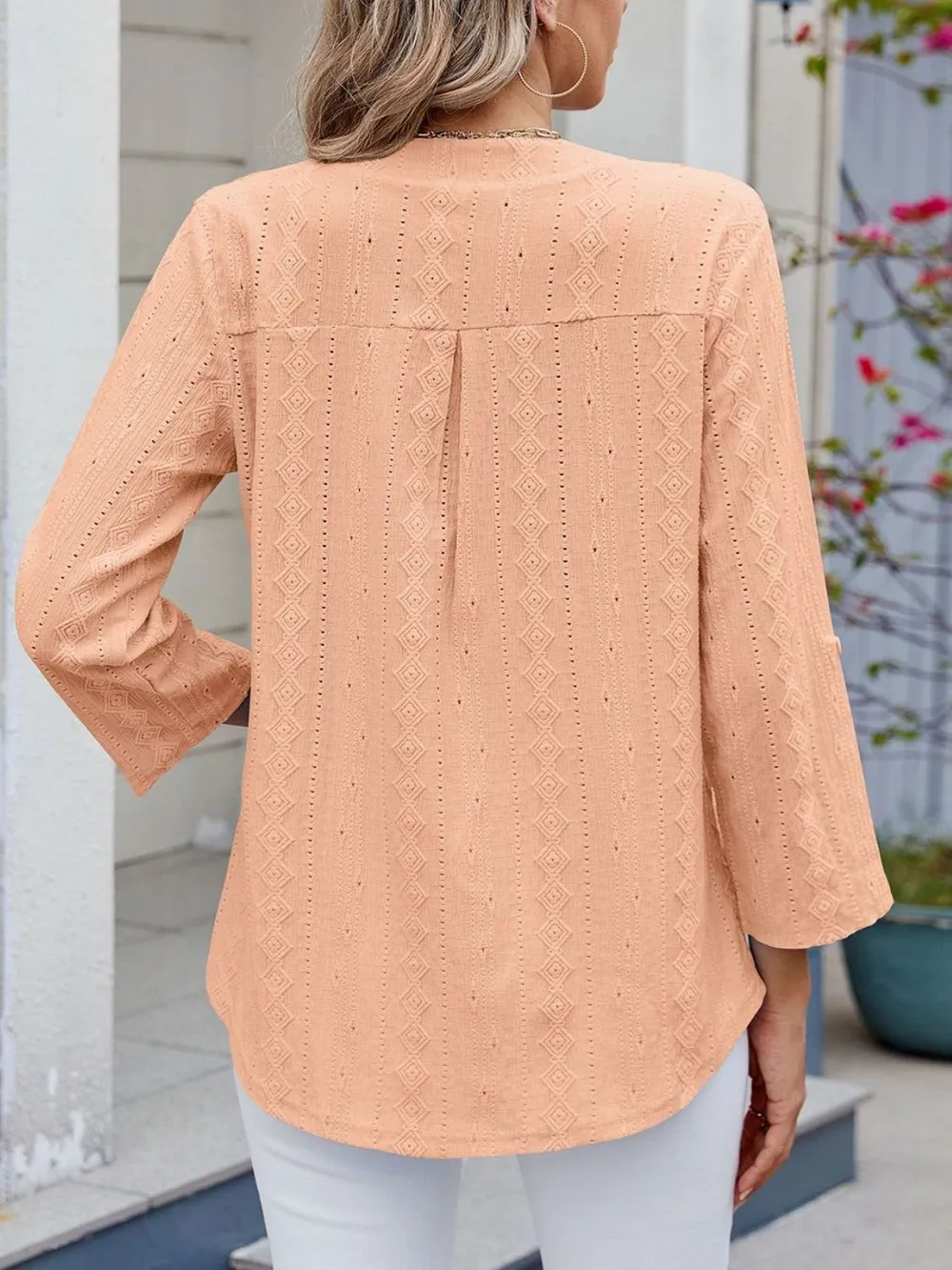 Eyelet Notched Roll-Tab Sleeve Top, image 3