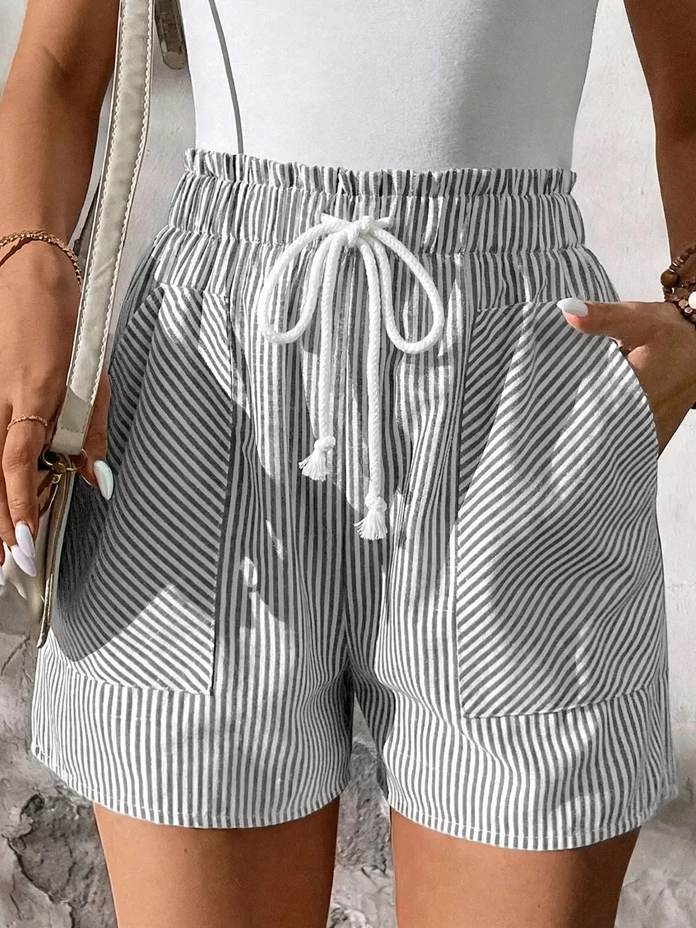Striped Elastic Waist Drawstring Shorts, image 5