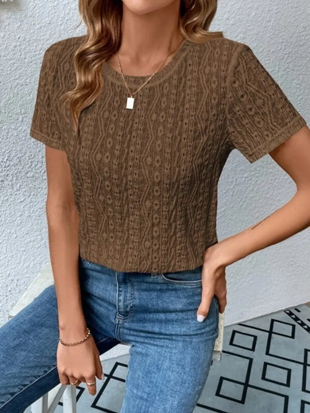 Eyelet Round Neck Short Sleeve T-Shirt, image 10