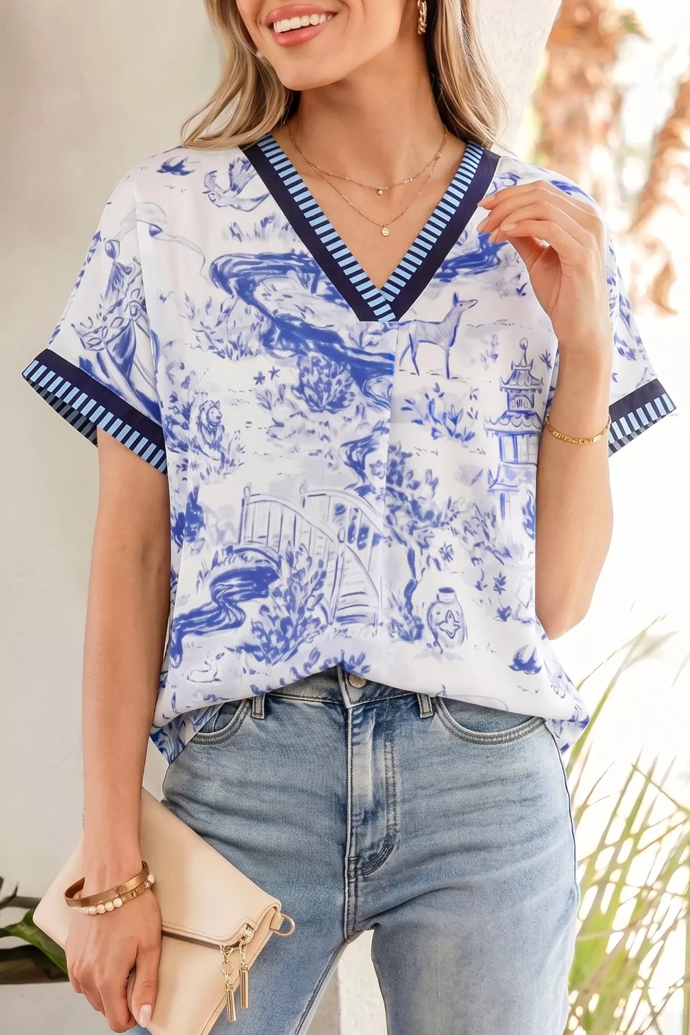 Printed Striped Trim V-Neck Blouse