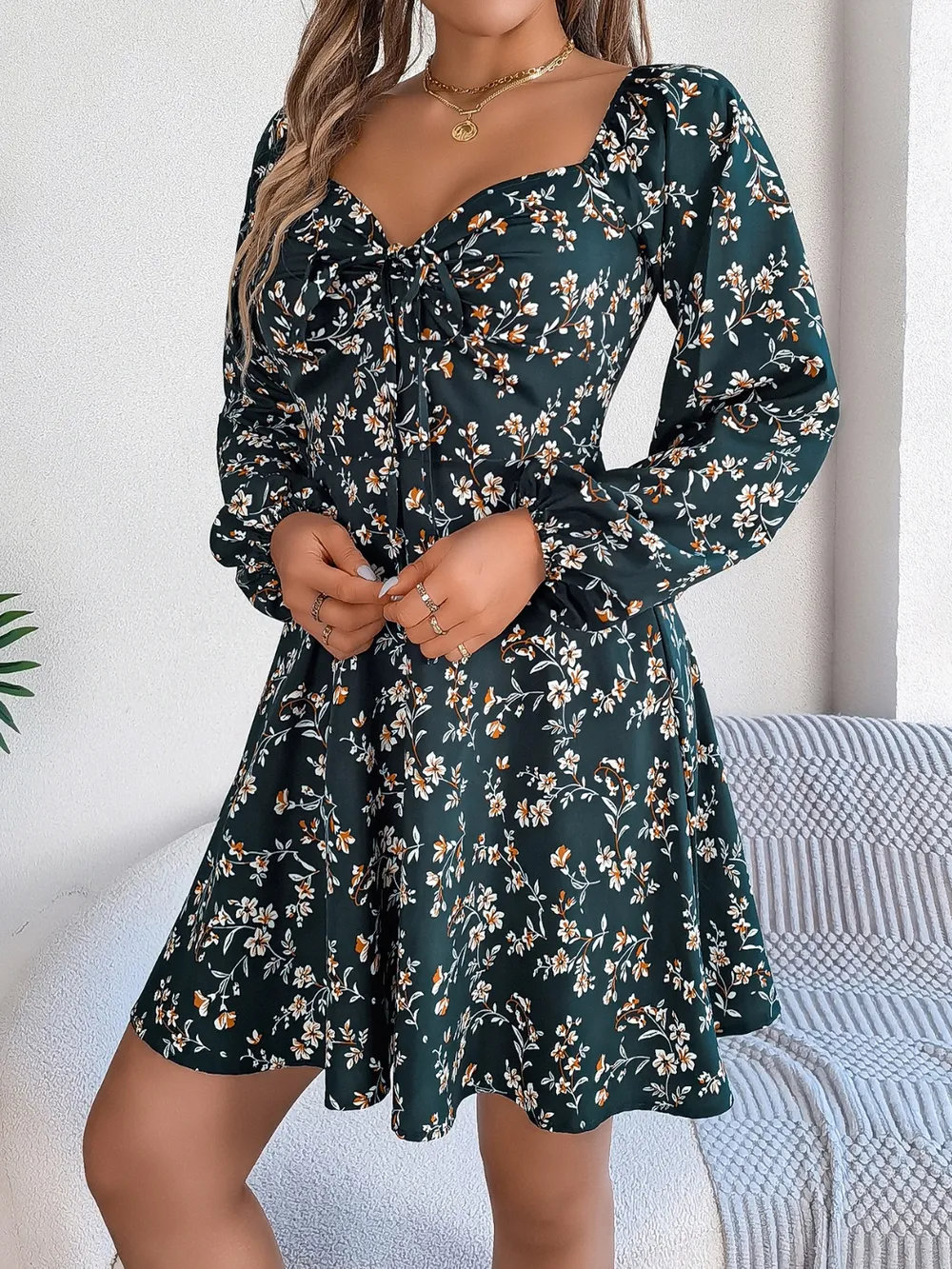 Printed Sweetheart Neck Balloon Sleeve Mini Dress, image 15