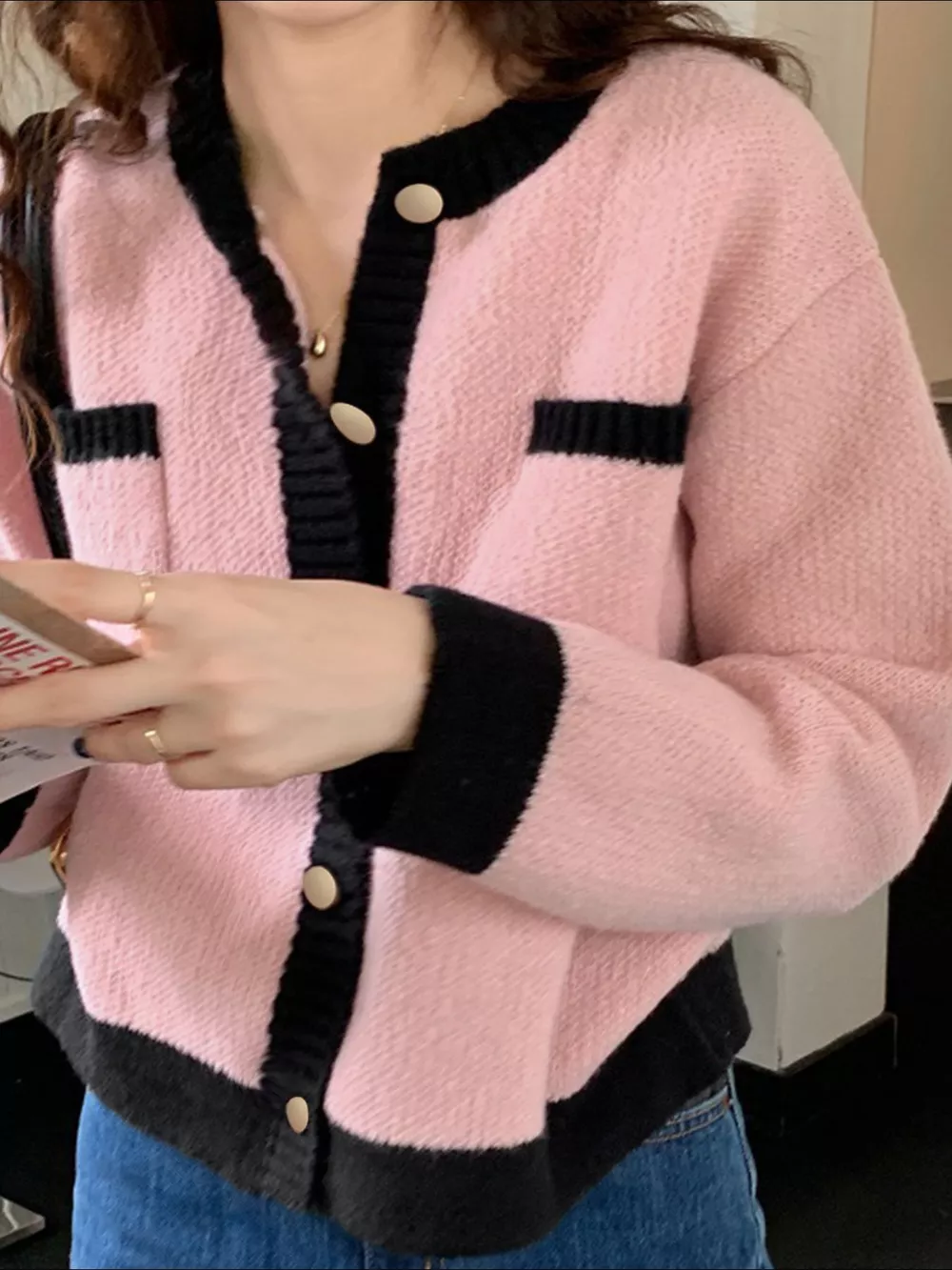 Contrast Trim Button Up Cardigan, image 2