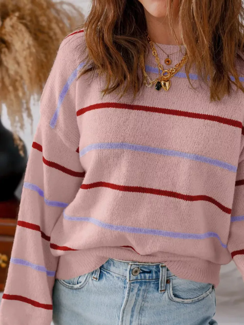 Striped Round Neck Drop Shoulder Sweater, image 2