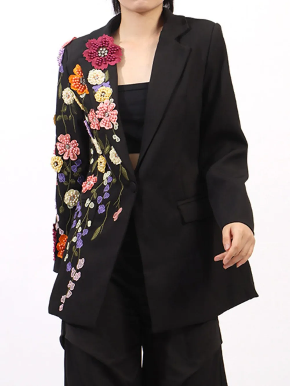 Pearl Detail Flower Lapel Collar Blazer, image 7