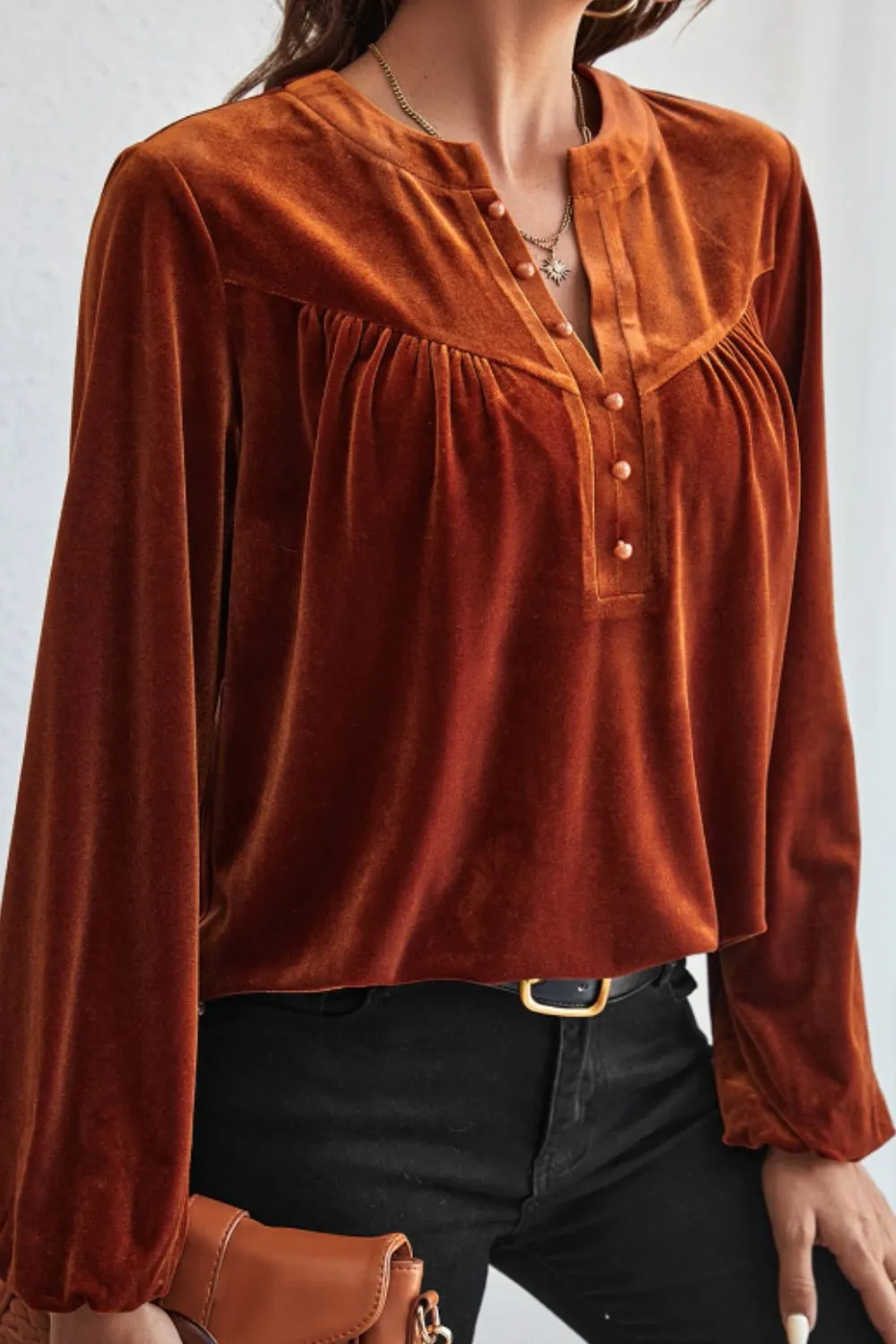 Notched Long Sleeve Velvet Top, image 2