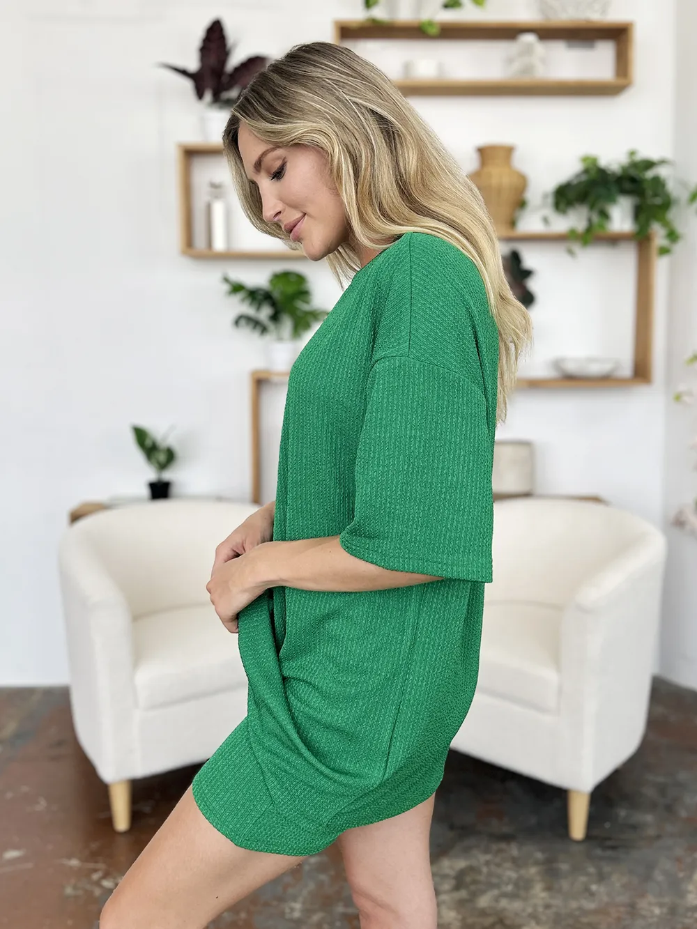 Full Size Texture Round Neck Drop Shoulder T-Shirt and Shorts Set, image 3