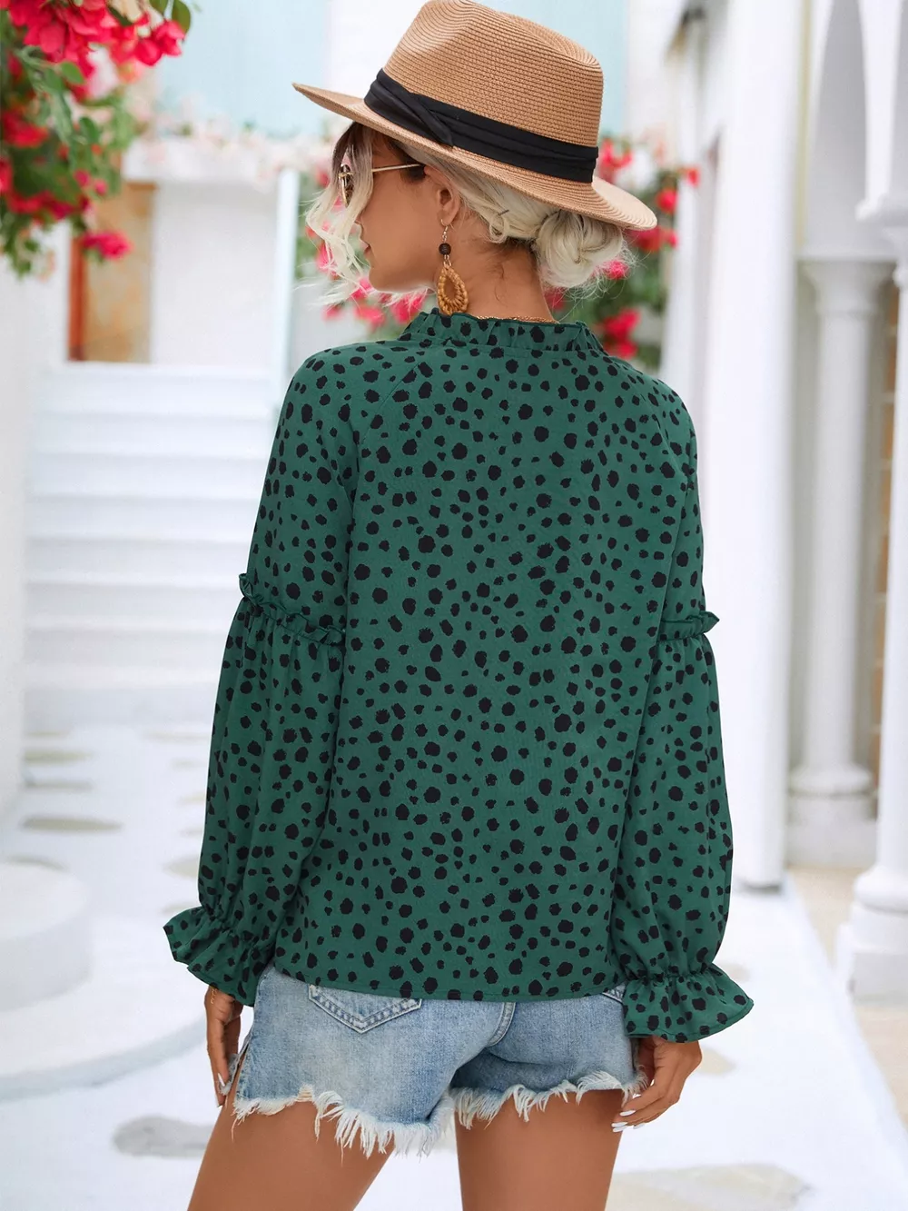 Animal Print Tie Neck Flounce Sleeve Blouse, image 2
