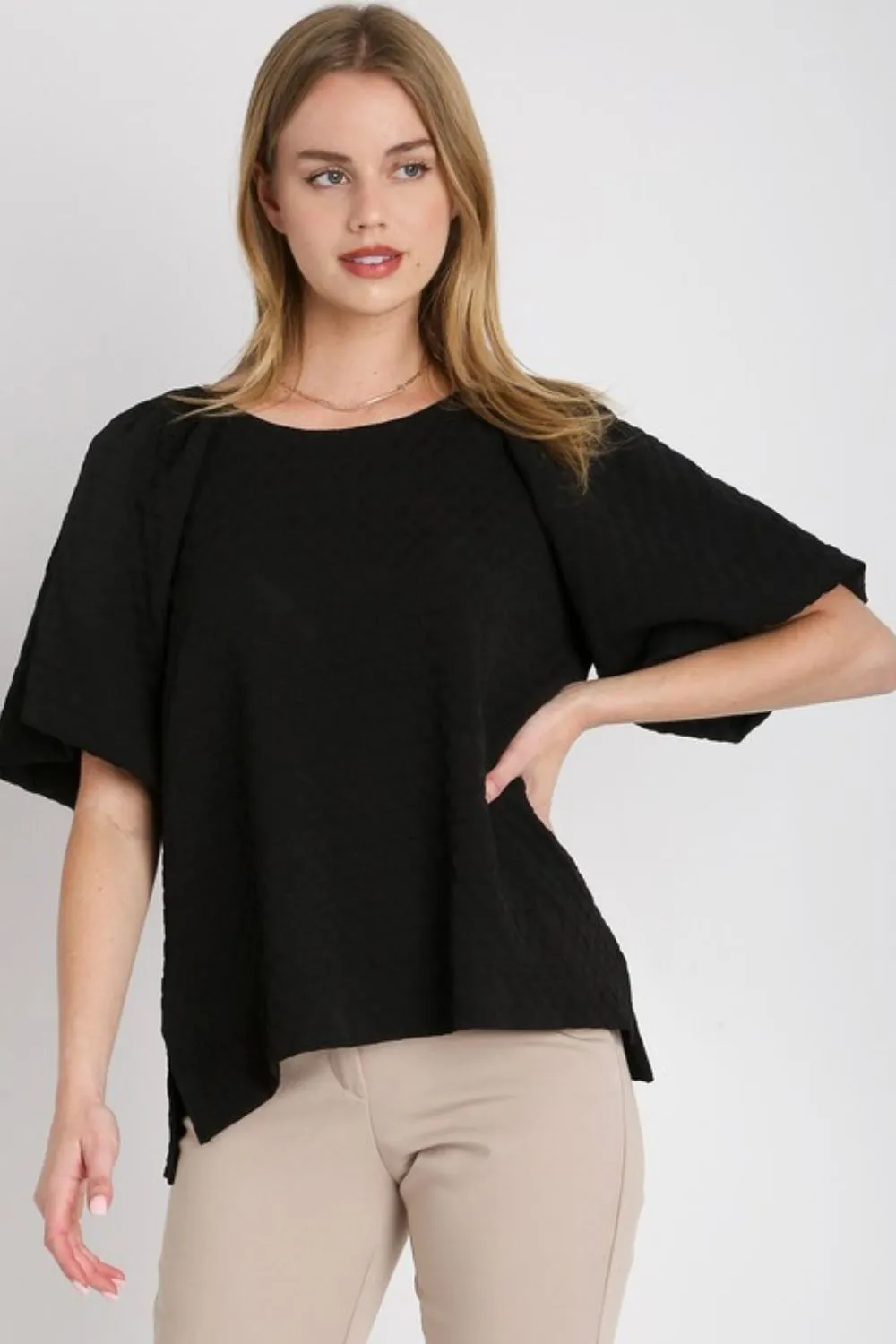 Full Size Boxy Cut Jacquard Round Neck Top with Side Slit Plus Size