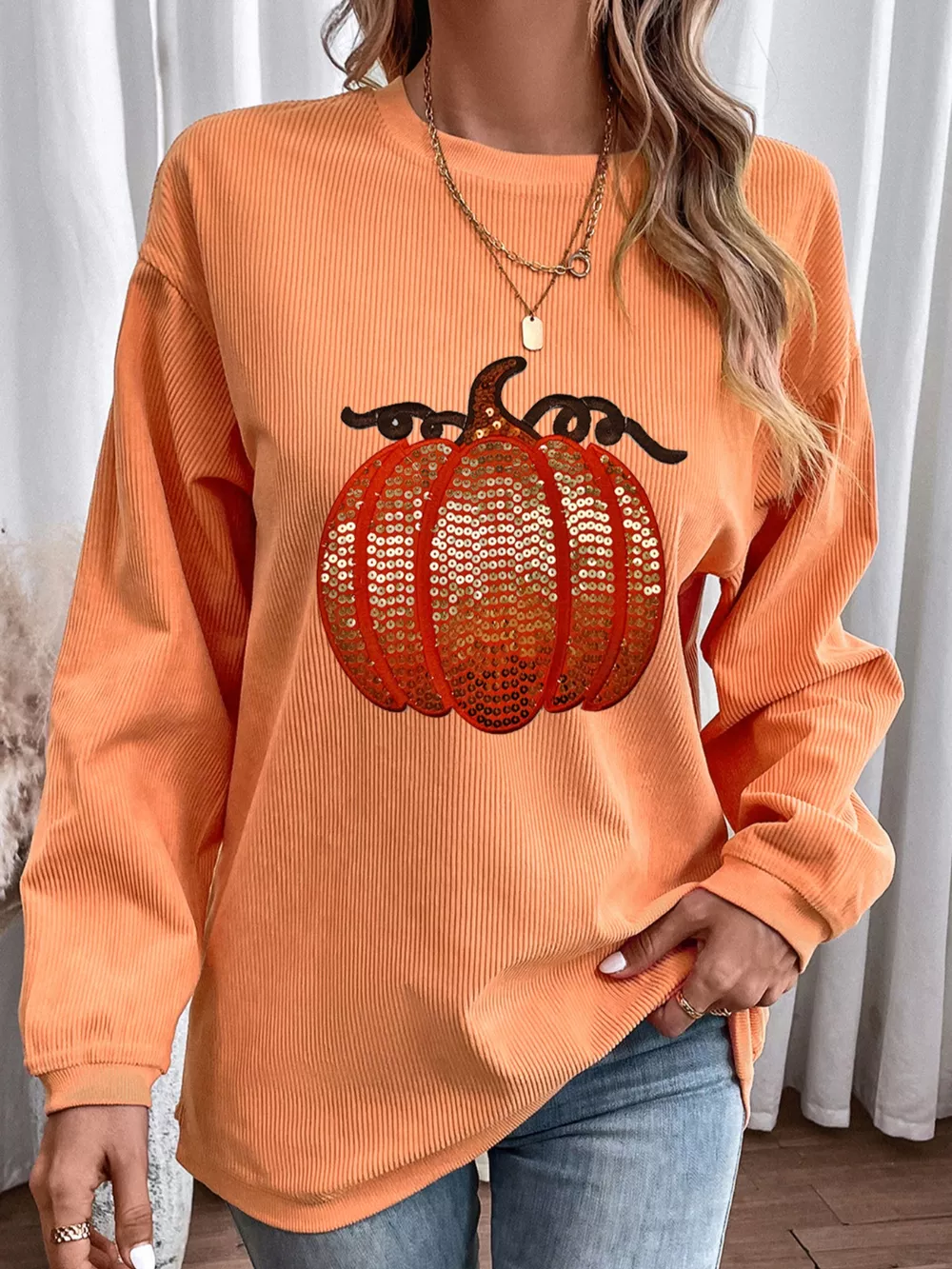 Halloween Sequined Pumpkin Ribbed Round Neck Sweatshirt, image 2