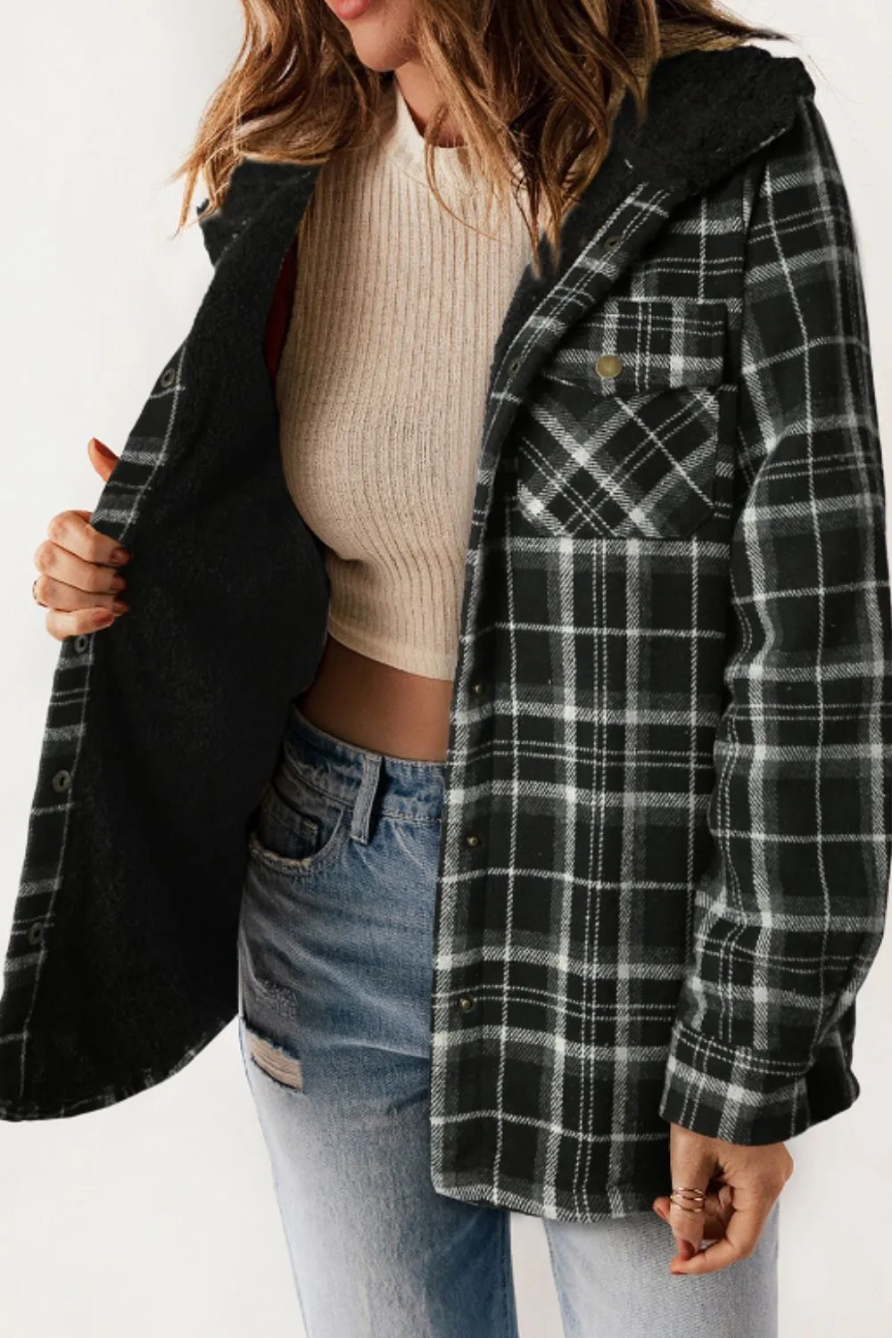 Plaid Button Up Long Sleeve Hooded Jacket, image 15