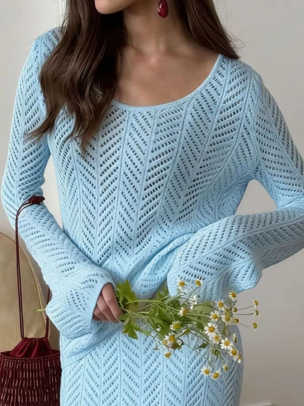 Openwork Long Sleeve Knit Top and Skirt Set, image 12