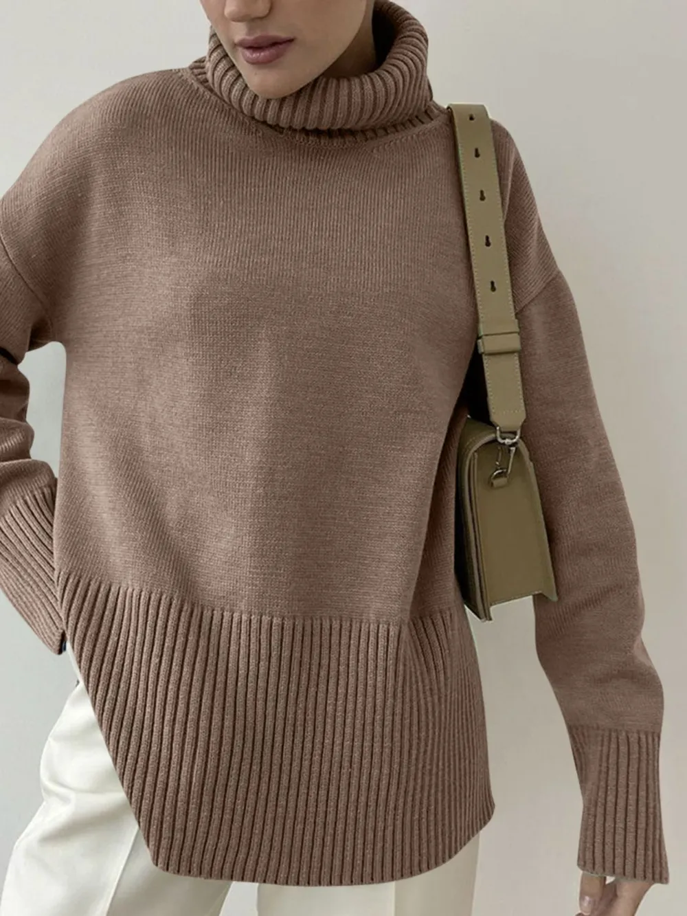 Side Slit Turtleneck Drop Shoulder Sweater, image 23
