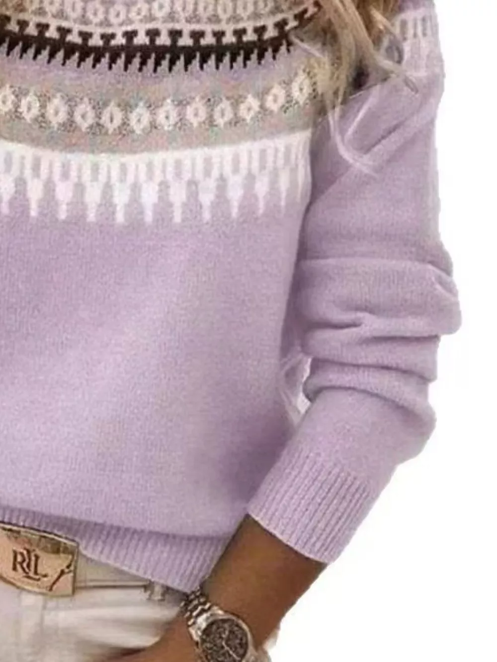 Full Size Vintage Patterned Round Neck Sweater Plus Size, image 15