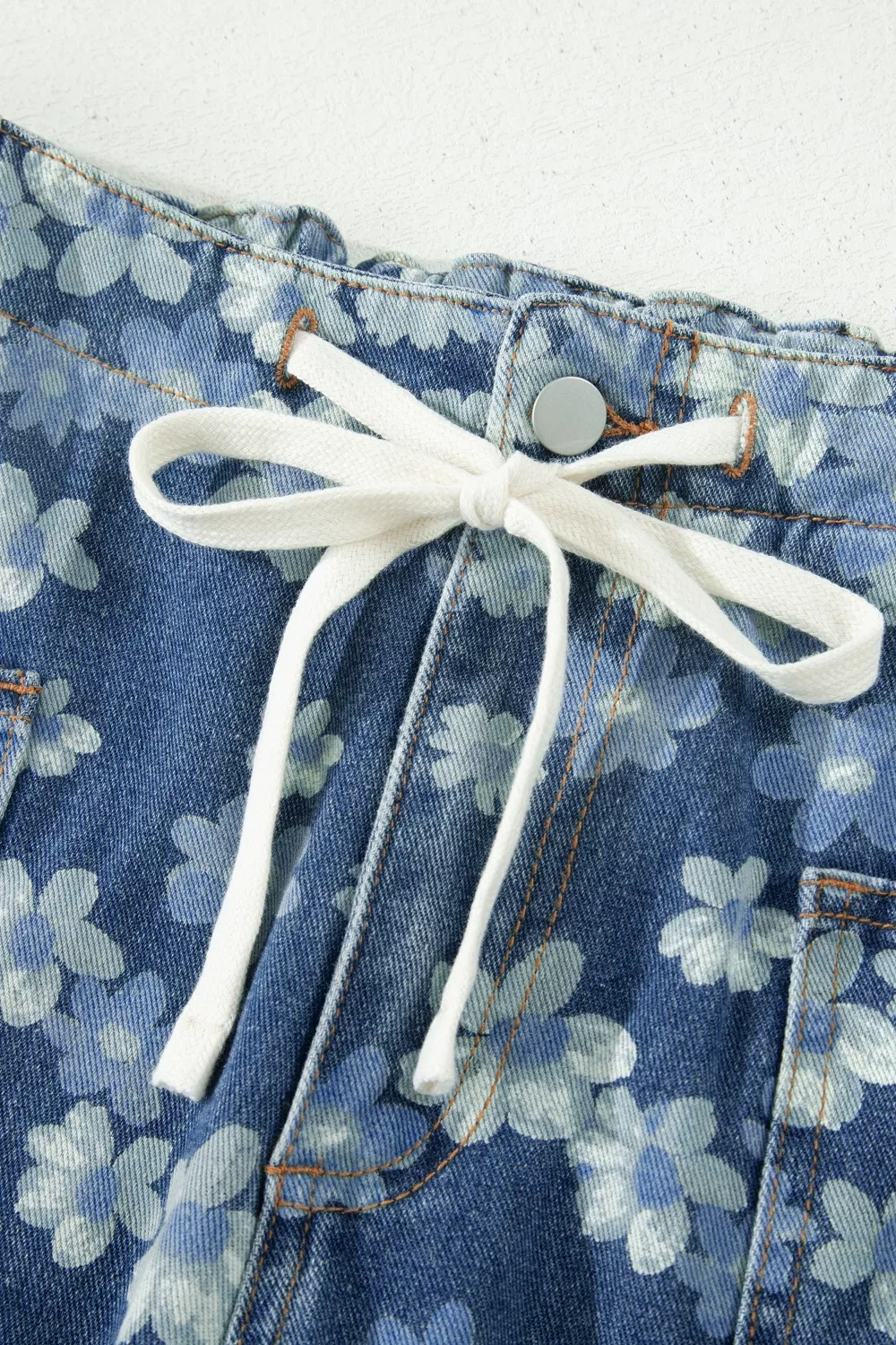 Dainty Floral Printed Drawstring Barrel Jeans, image 7