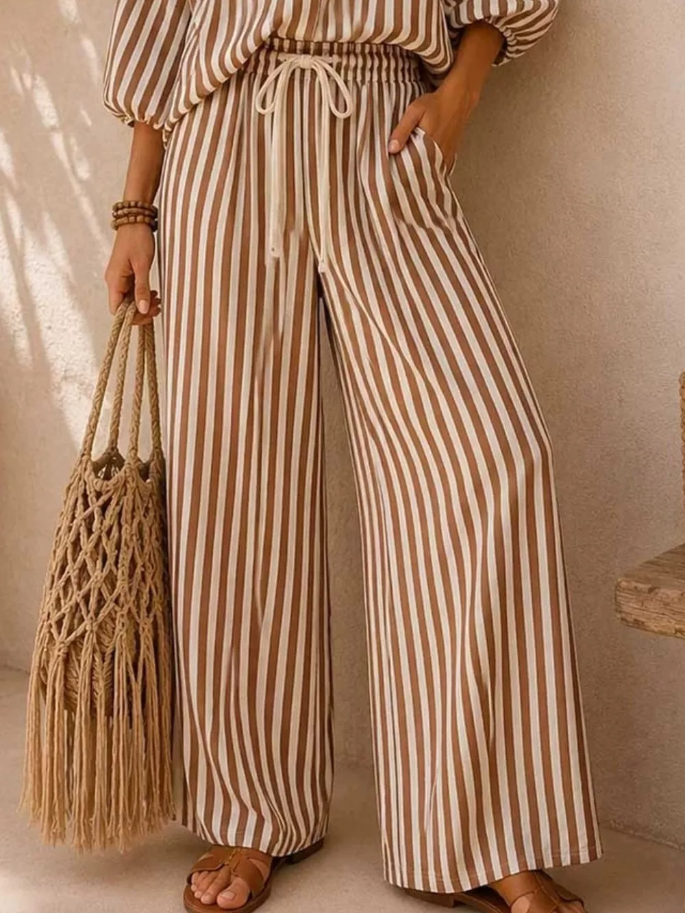 Full Size Striped Puff Sleeve Shirt and Wide-Leg Drawstring Pants Set Plus Size, image 3