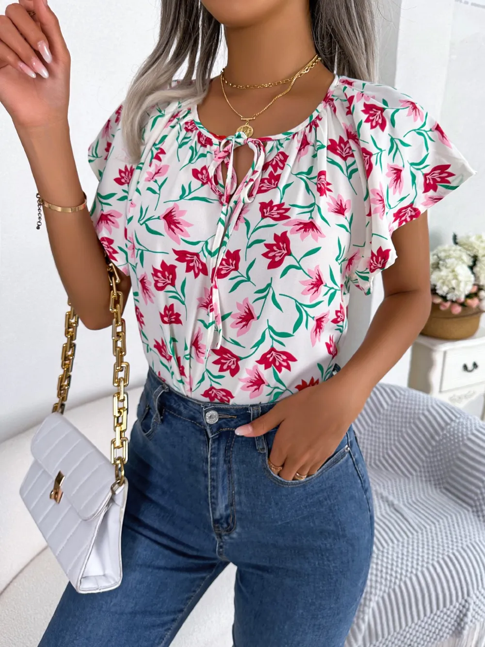 Floral Tie Neck Flutter Sleeve Blouse, image 15