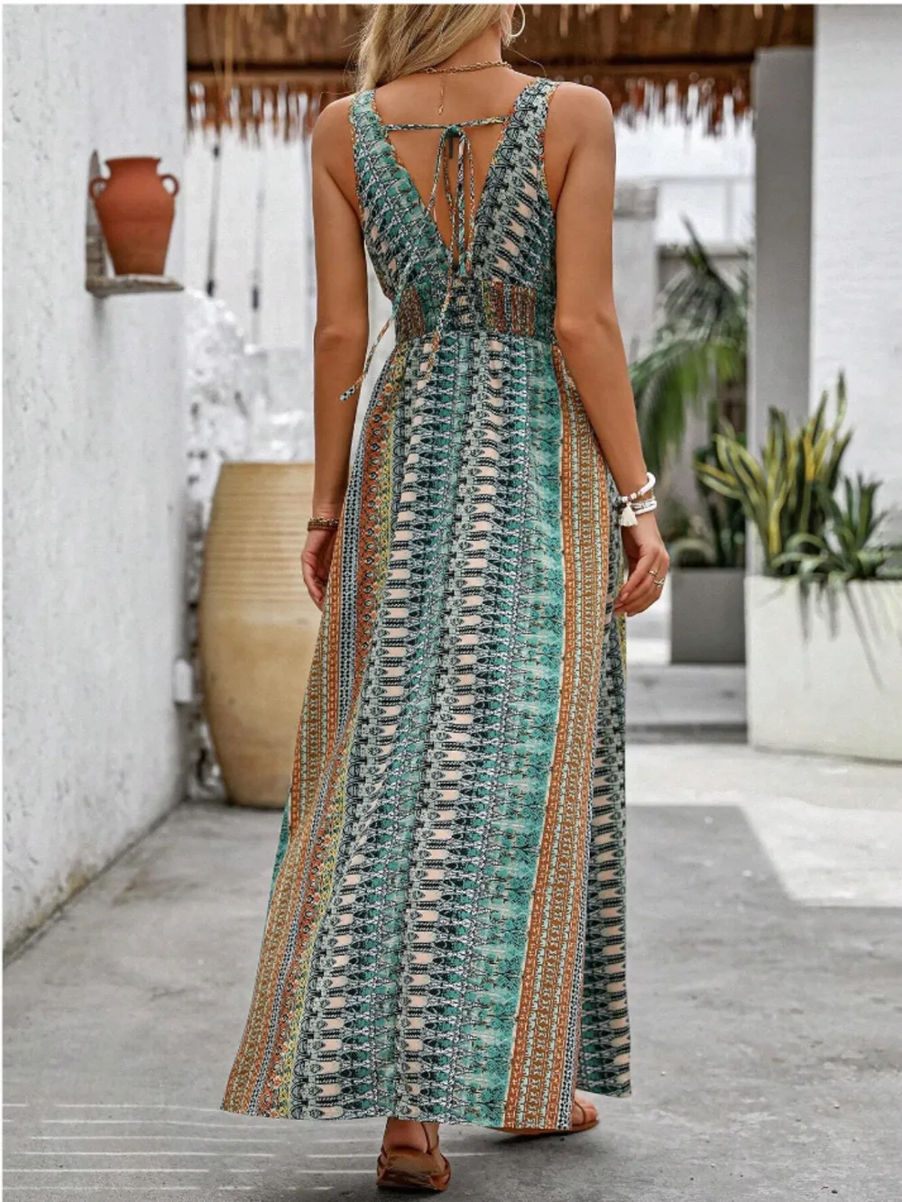 Tied Back Printed Sleeveless Maxi Slit Dress, image 2