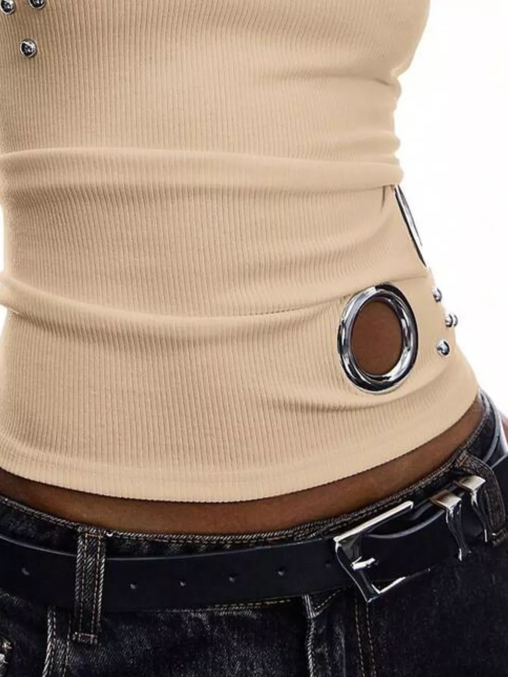 Ribbed Tank Top with Metal Grommet Cutouts and Stud Embellishments, image 15