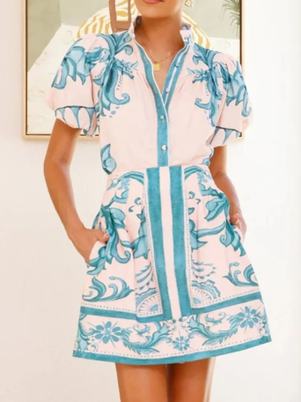 Printed Puff Sleeve Top and Skirt Set, image 2