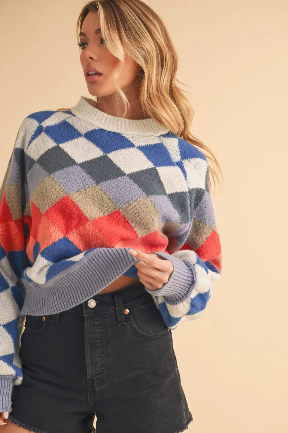 Diamond Mock Neck Raglan Sleeve Sweater, image 5