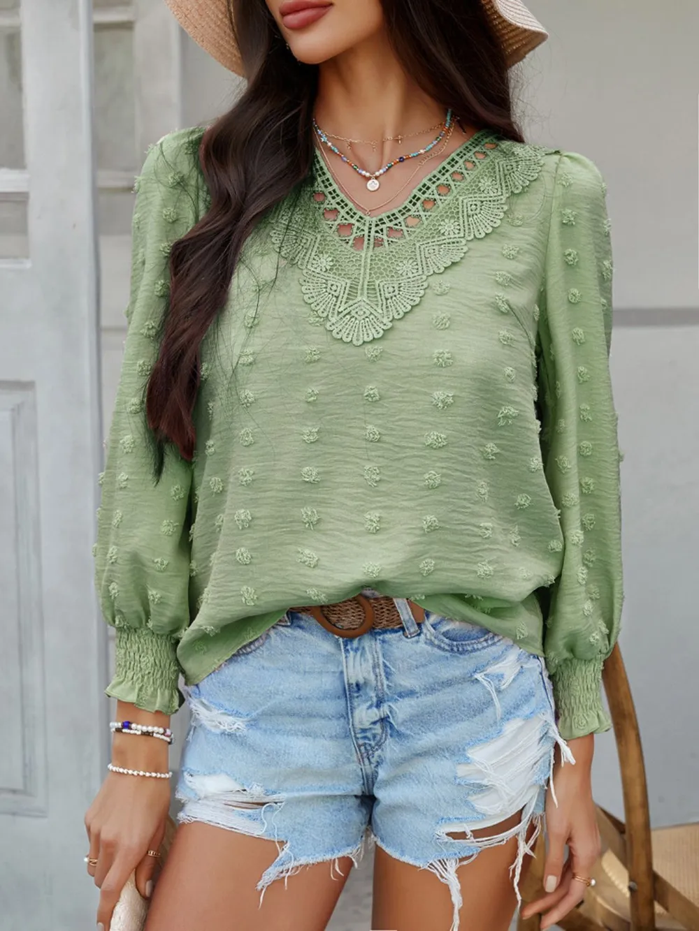 Swiss Dot Lace Detail V-Neck Long Sleeve Blouse, image 17