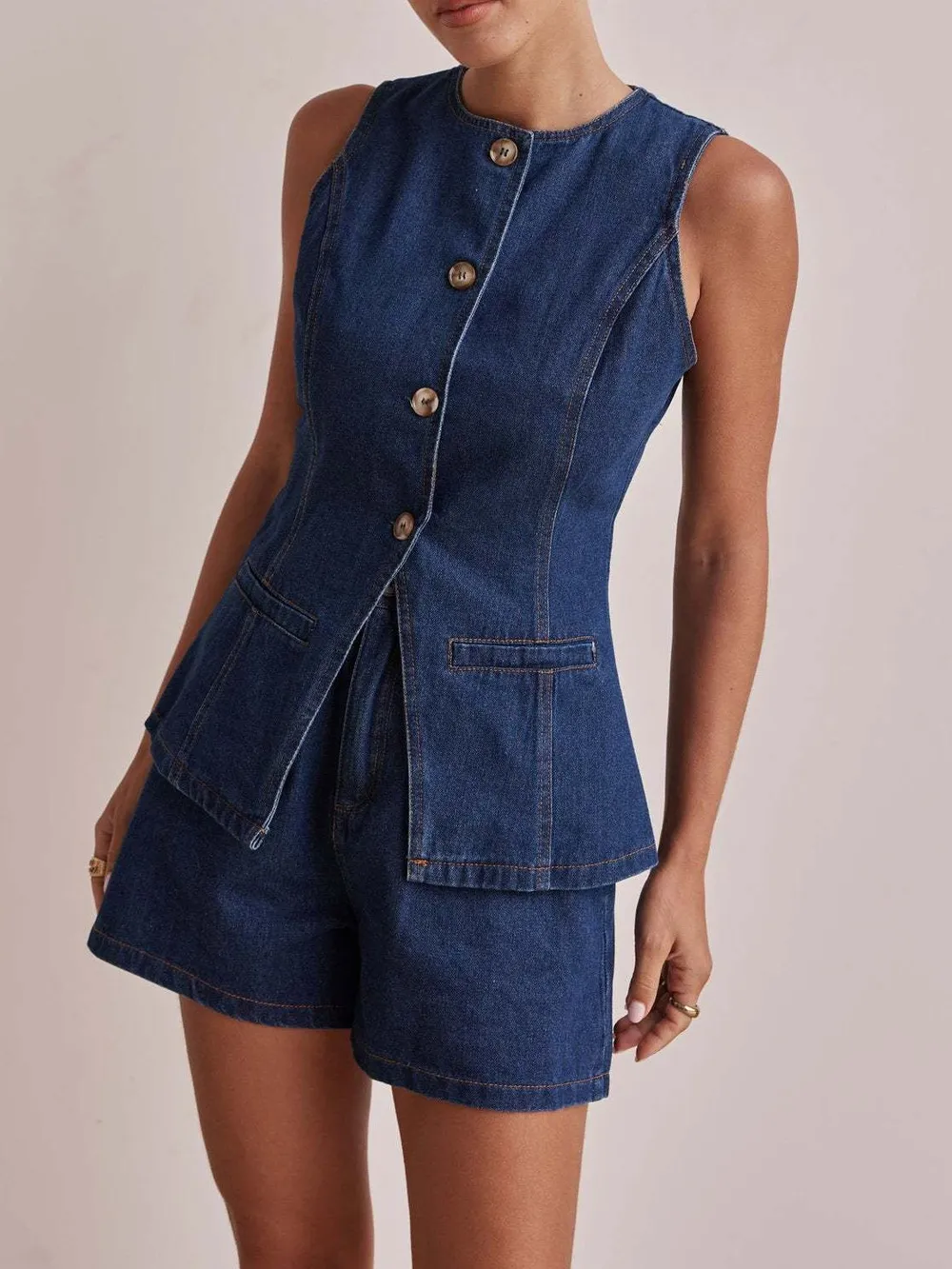 Button Down Vest and Shorts Denim Set, image 3