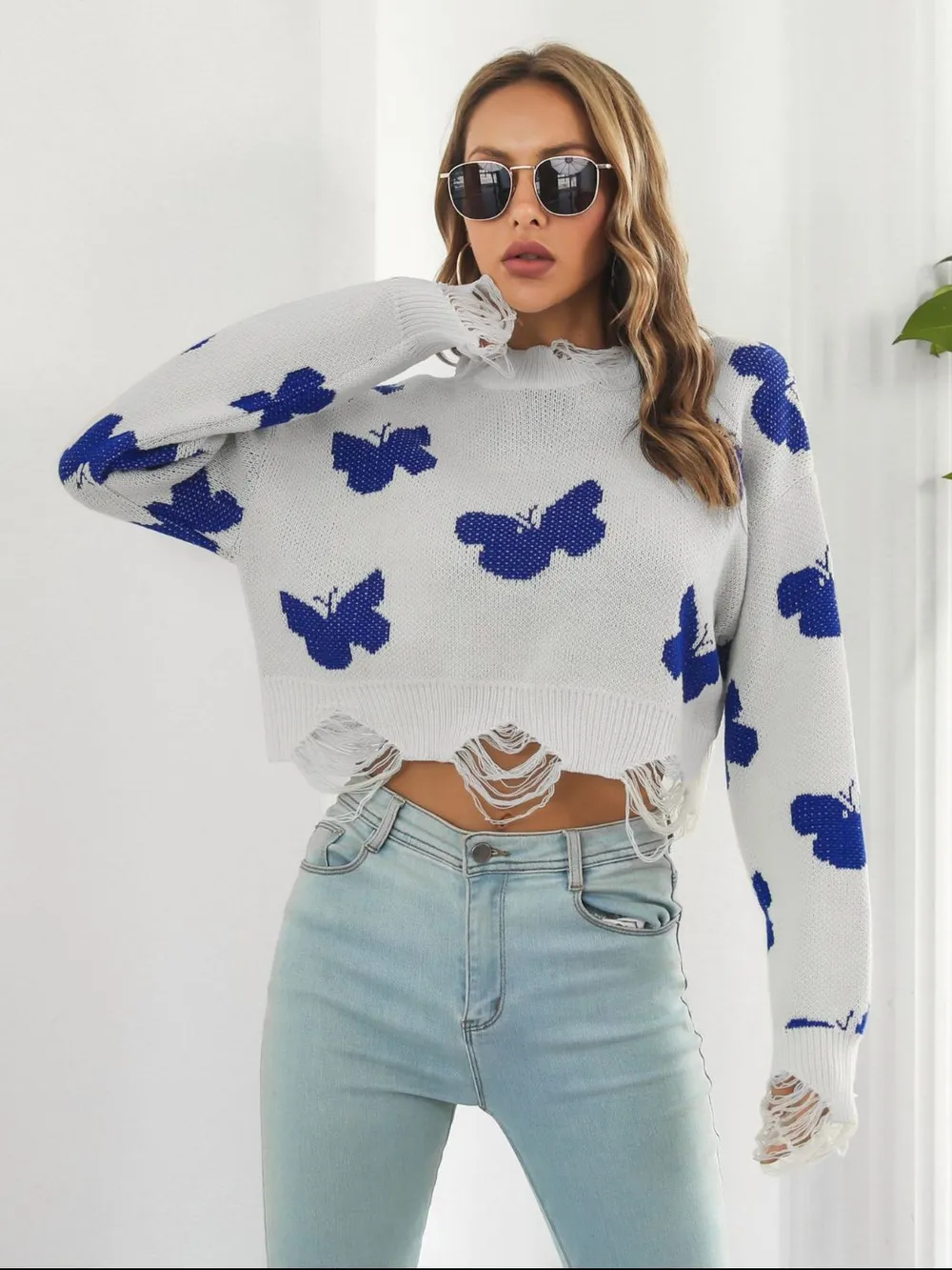 Distressed Butterfly Cropped Sweater, image 2