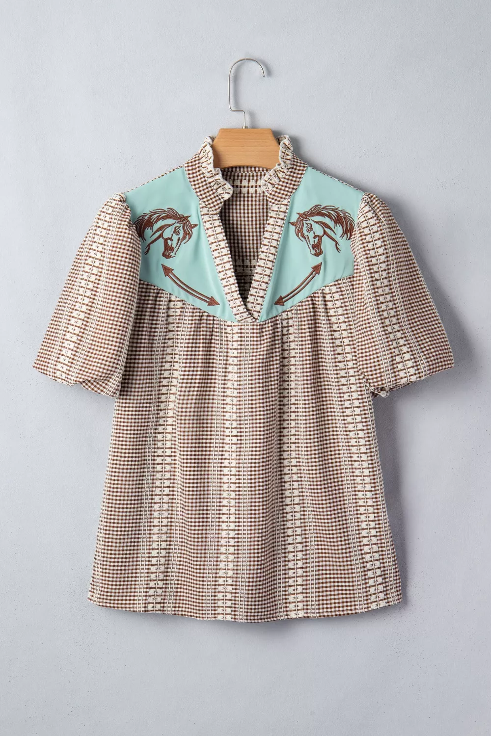 Western Pony Embroidered Yoke Puff Sleeve Gingham Blouse, image 2