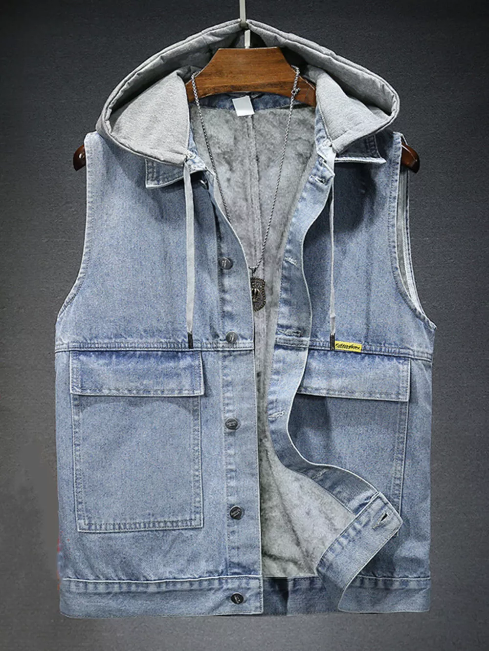 Men's Plus Size Hooded Denim Vest with Fleece Lining, image 2