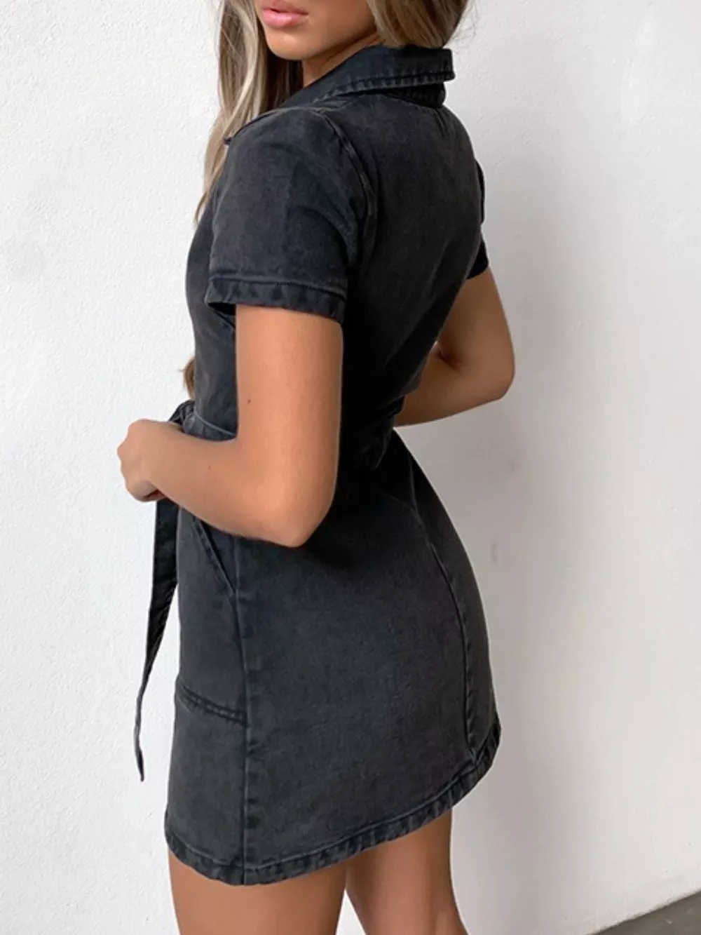 Zip Front Short Sleeve Denim Dress, image 2